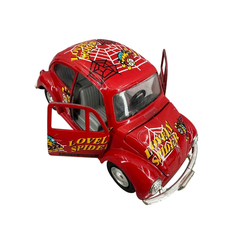 Vintage Volkswagen Beetle Diecast Toy Car Red Lovely Spider Graphics HGQ 591V
